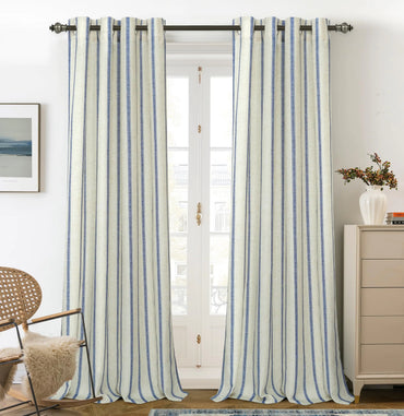 DriftAway Farmhouse Linen Blend Blackout Curtains 102 Inches Long for Bedroom Vertical Striped Printed Linen Curtains Thermal Insulated Lined Treatments for Living Room 2 Panels W52 x L102 Navy