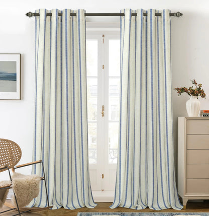 DriftAway Farmhouse Linen Blend Blackout Curtains 102 Inches Long for Bedroom Vertical Striped Printed Linen Curtains Thermal Insulated Lined Treatments for Living Room 2 Panels W52 x L102 Navy