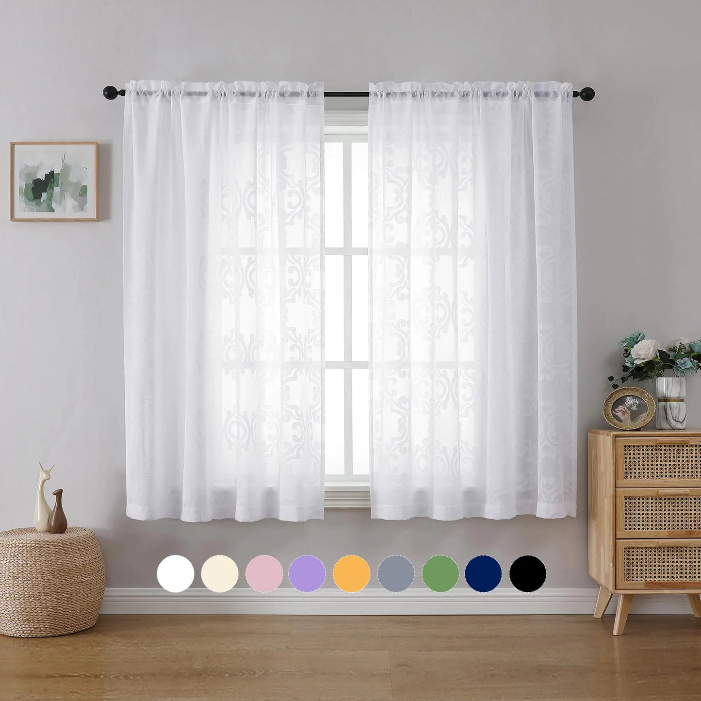 Aiyufeng White Sheer Curtains 54 Inch Length 3D Floral Clip Jacquard Textured Semi Sheer Curtains with Dual Rod Pocket for Bedroom Living Room Window 54 Width by 54 Length 2 Panels