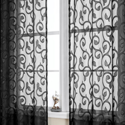 OWENIE Furman Black Sheer Curtains 54 Inch Length 2 Panels Set for Living Room Bedroom Bathroom Short Curtains for Small Window Airy Jacquard Clip Curtains with Pattern Each 42Wx54L inch