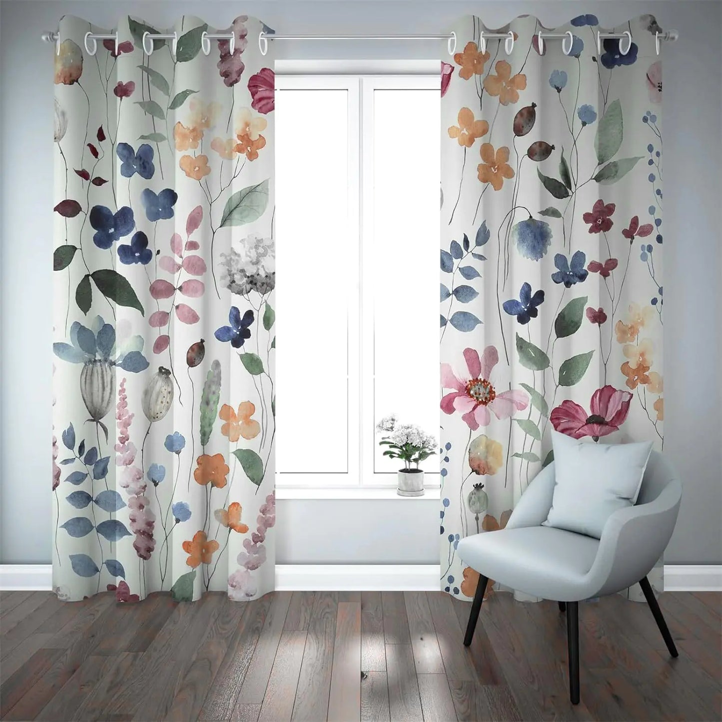 Floral Blackout Curtains 84 in Long 2 Panels Wild Blue Beige and Purple Flower Leaves Print Thermal Insulated Darkening Curtains Coloful Plants Window Drape for Bedroom Living Room Decor 42" × 84