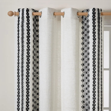 Beige Boho Curtains 84 Inch Length 2 Panels Set Faux Linen Embroidered Curtains for Living Room Light Filtering Drapes 84 Inches Long Grommet Window Treatment Black On Beige 2 Panels 55" W X 84" L