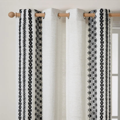 Beige Boho Curtains 84 Inch Length 2 Panels Set Faux Linen Embroidered Curtains for Living Room Light Filtering Drapes 84 Inches Long Grommet Window Treatment Black On Beige 2 Panels 55" W X 84" L