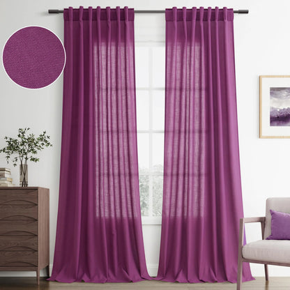 Joywell Purple Back Tab Rod Pocket Linen Curtains 90 Inches Long 2 Panels for Living Room Bedroom Neutral Boho Farmhouse Rustic Light Filtering Semi Sheer Curtains Window Treatment 52x90
