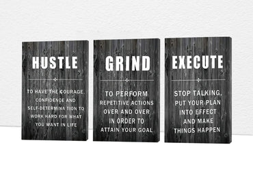 Office Wall Art - 3 Panel Motivational Wall Art Inspirational Quotes Canvas Art for Home Office Wall Decor Positive Quotes Wall Decor Entrepreneur Grind Hustle Execution Poster Frame (12”x18”x3Pcs)